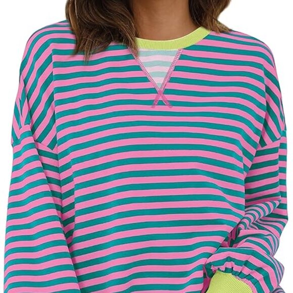 Crewneck Oversized Sweatshirt Striped Color Block Long Sleeve Top XXL NWOT - Picture 1 of 5